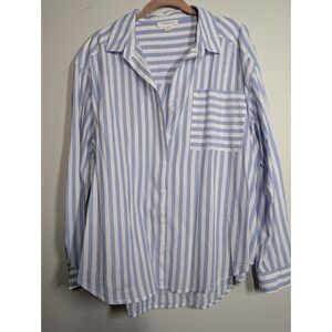 Beach Lunch‎ Lounge Top Large Blue White Striped Pocket Shirt Button-Front